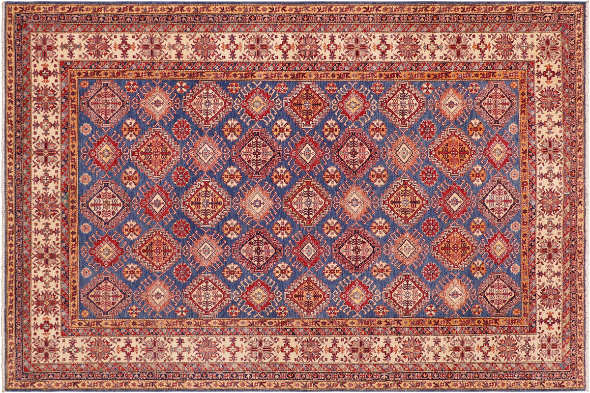 9x13 hand knotted Super Kazak wool rug in blue and beige - Bohemian Super Kazak Lu