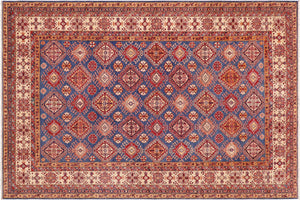 9x13 hand knotted Super Kazak wool rug in blue and beige - Bohemian Super Kazak Lu