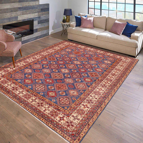 handmade Geometric Super Kazak Blue Beige Hand Knotted RECTANGLE 100% WOOL area rug 9' x 13'