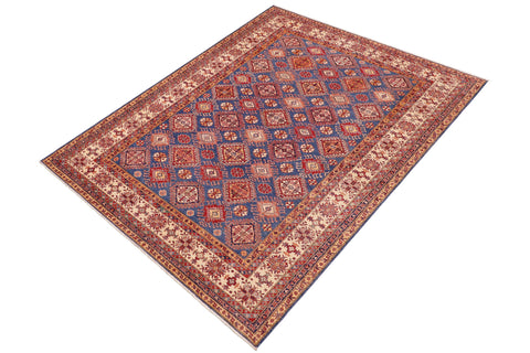 handmade Geometric Super Kazak Blue Beige Hand Knotted RECTANGLE 100% WOOL area rug 9' x 13'
