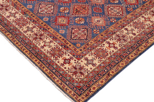 handmade Geometric Super Kazak Blue Beige Hand Knotted RECTANGLE 100% WOOL area rug 9' x 13'