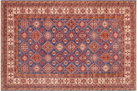 handmade Geometric Super Kazak Blue Beige Hand Knotted RECTANGLE 100% WOOL area rug 9' x 13'