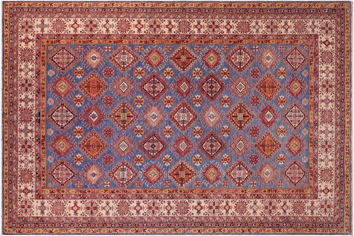 9x12 hand knotted Super Kazak wool rug in blue and beige - Tribal Super Kazak Zena