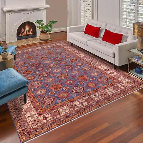 handmade Geometric Super Kazak Blue Beige Hand Knotted RECTANGLE 100% WOOL area rug 9' x 12'