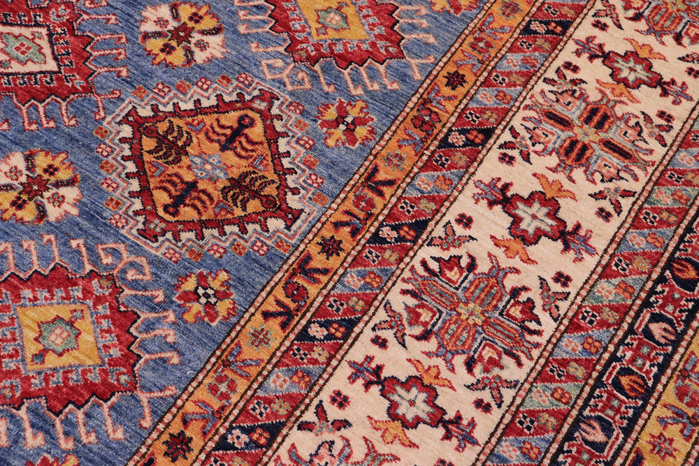 handmade Geometric Super Kazak Blue Beige Hand Knotted RECTANGLE 100% WOOL area rug 9' x 12'