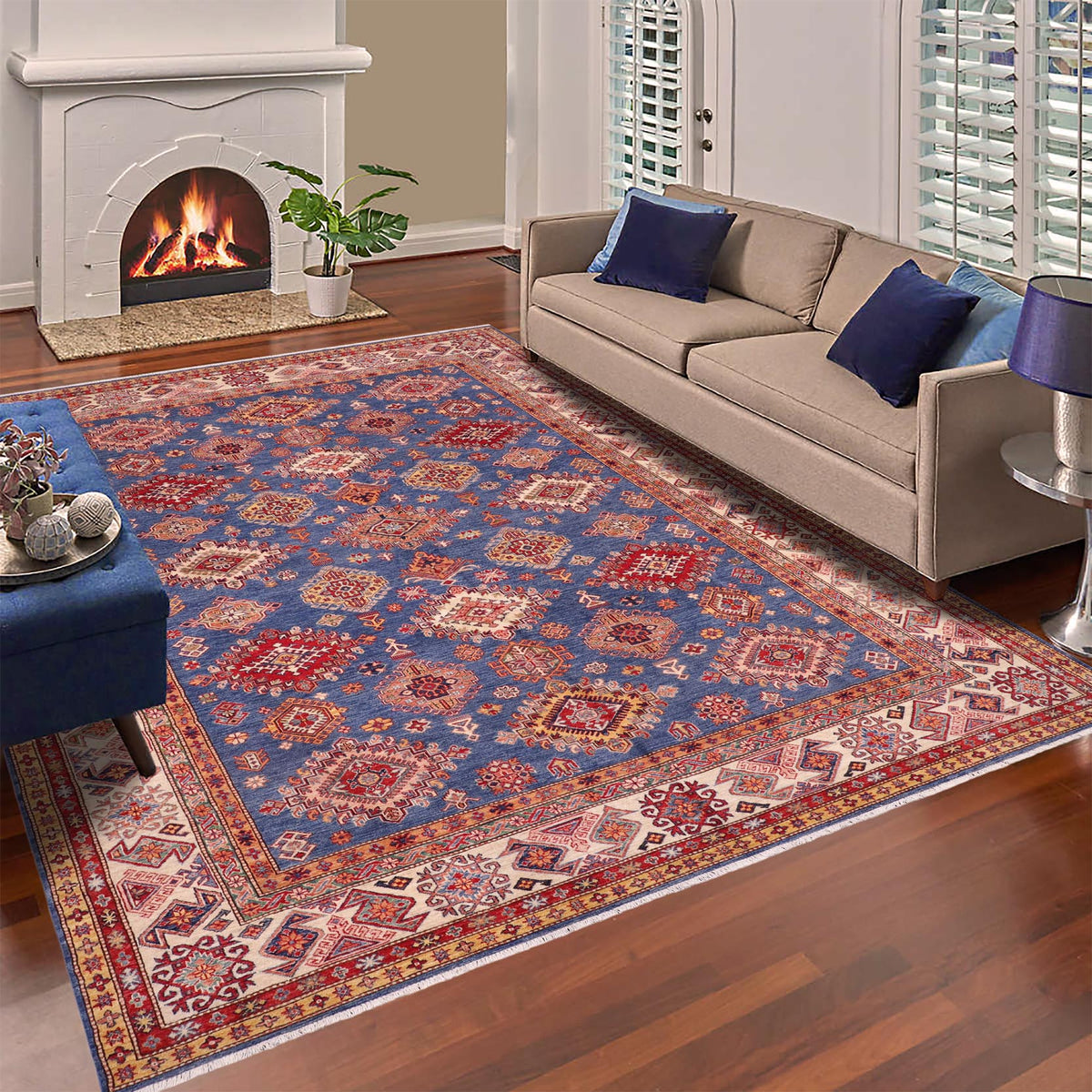 9x12 hand knotted Super Kazak wool rug in blue and ivory - Rustic Super Kazak Paul