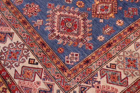 handmade Geometric Super Kazak Blue Ivory Hand Knotted RECTANGLE 100% WOOL area rug 9' x 12'