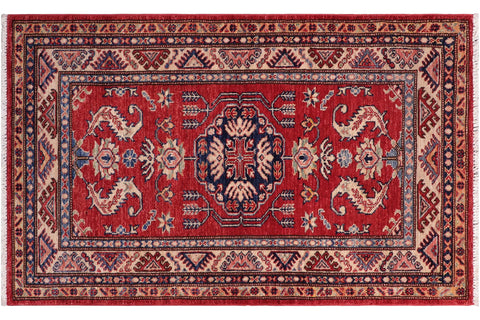 handmade Geometric Super Kazak Red Beige Hand Knotted RECTANGLE 100% WOOL area rug 3' x 5'