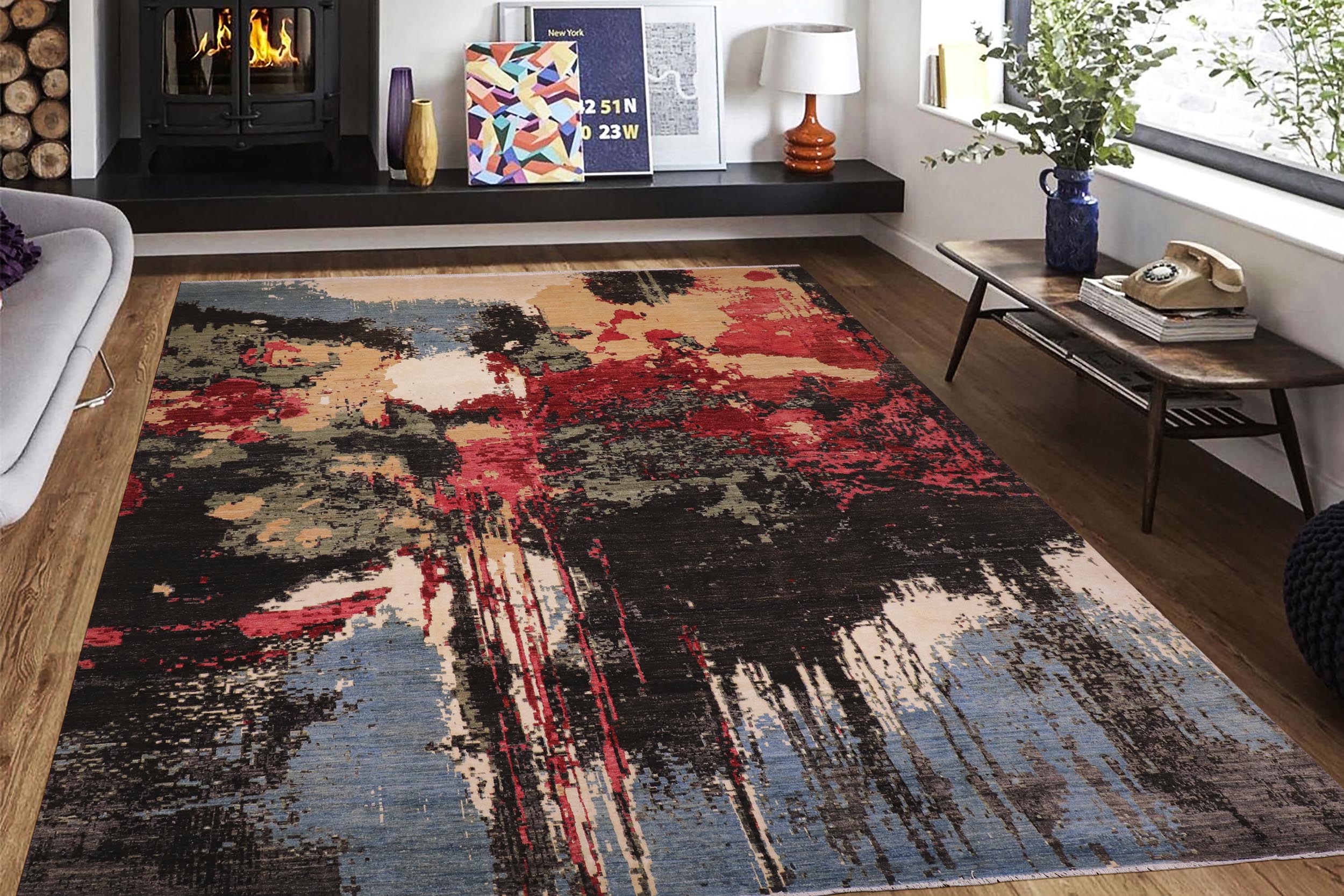 handmade Modern Modern Black Red Hand Knotted RECTANGLE WOOL&SILK area rug 10' x 14'