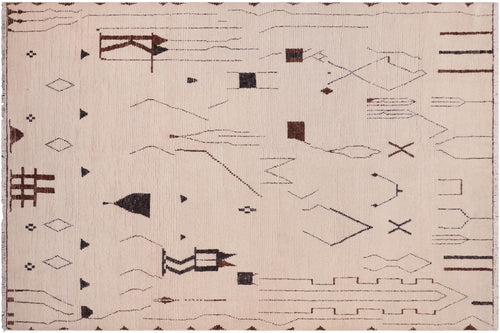 8x10 hand knotted high low wool rug in beige and brown - Linear Josephin