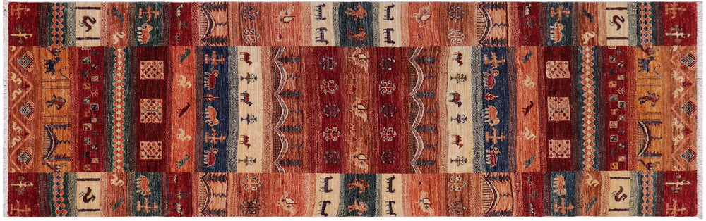 handmade Geometric Kurjean Red Blue Hand Knotted RUNNER 100% WOOL area rug 3x8