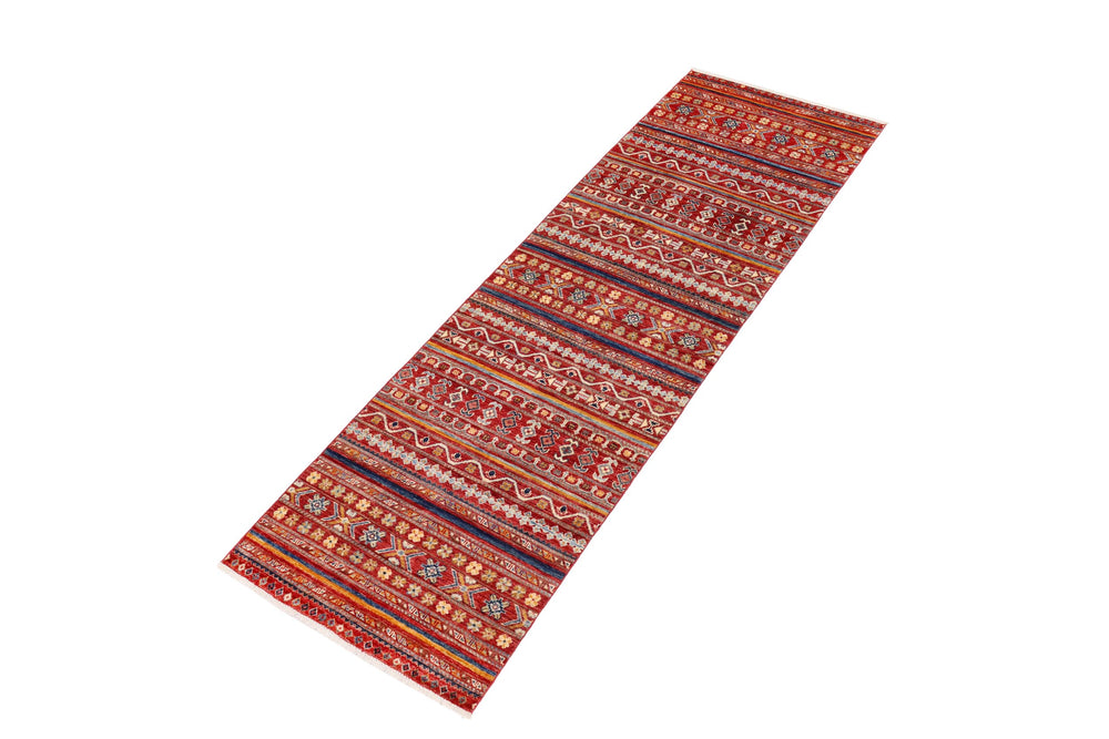 handmade Geometric Kurjean Red Blue Hand Knotted RUNNER 100% WOOL area rug 3x10