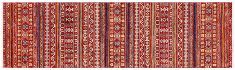 handmade Geometric Kurjean Red Blue Hand Knotted RUNNER 100% WOOL area rug 3x10