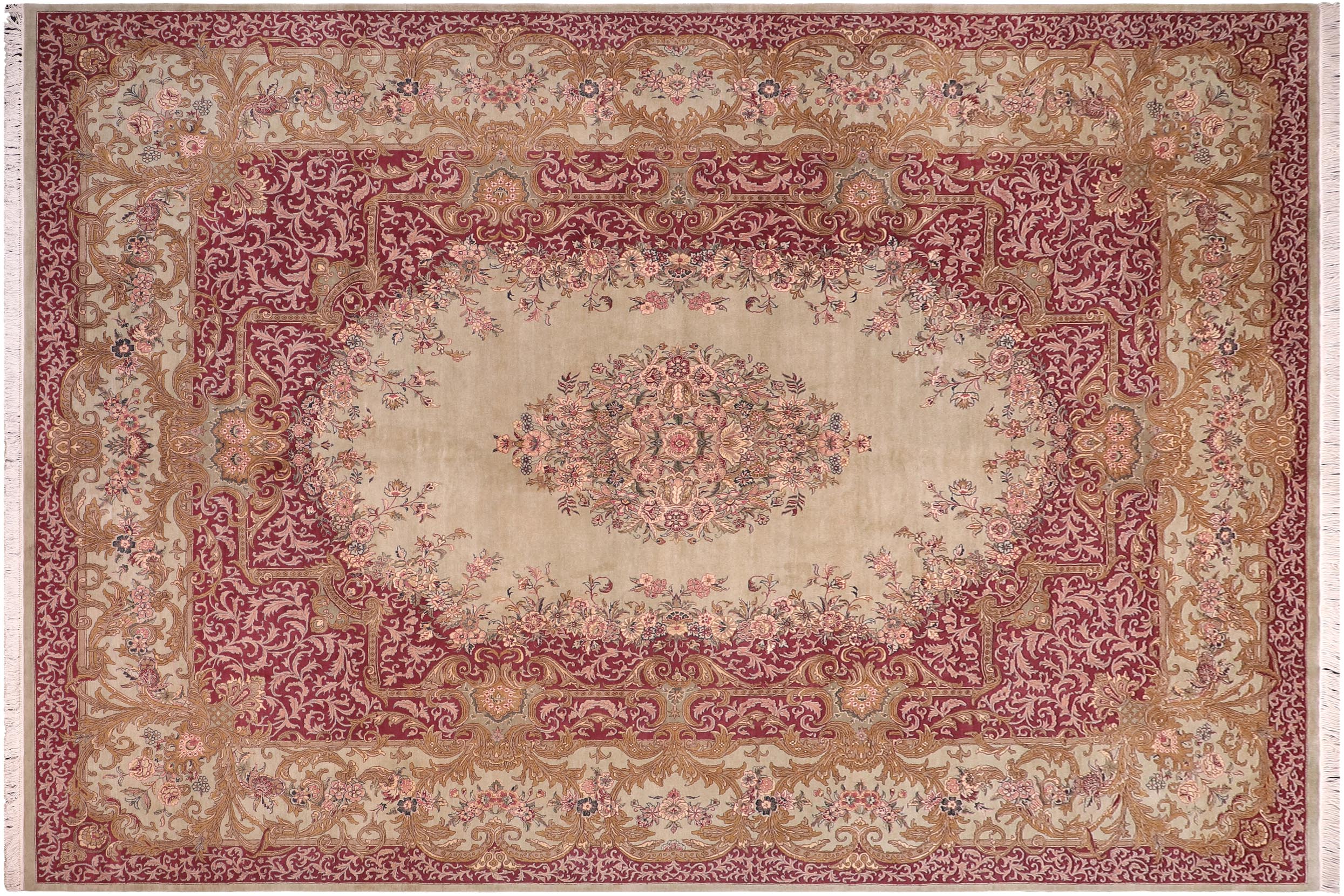 handmade Traditional Abusson Green Maroon Hand Knotted RECTANGLE 100% WOOL area rug 10x14