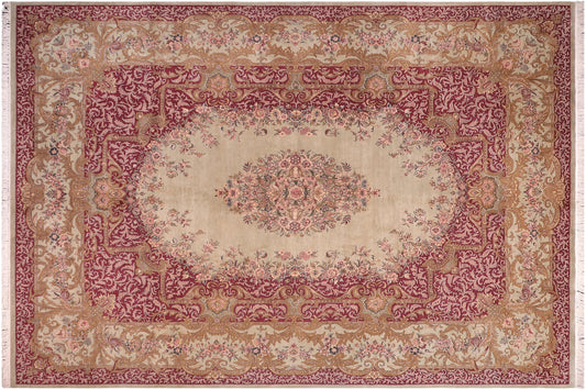 handmade Traditional Abusson Green Maroon Hand Knotted RECTANGLE 100% WOOL area rug 10x14