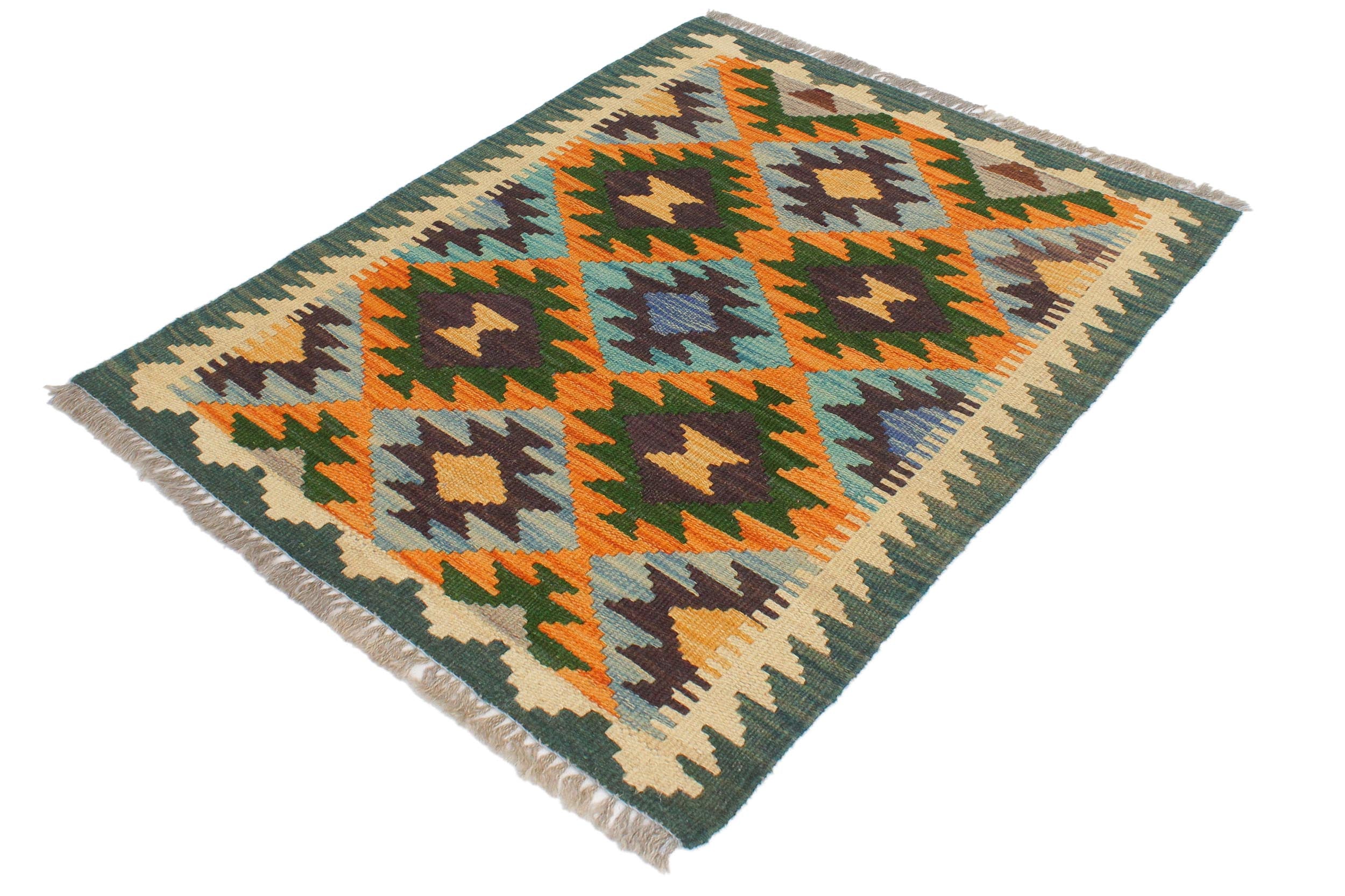 handmade Geometric Kilim Rust Blue Hand-Woven RECTANGLE 100% WOOL area rug 2 x 3
