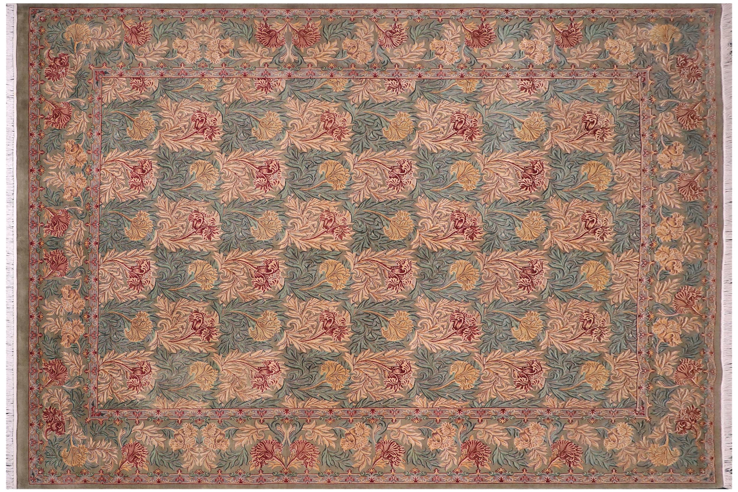 handmade Transitional William Mor Green Brown Hand Knotted RECTANGLE 100% WOOL area rug 10x14