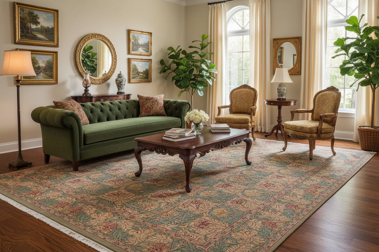 handmade Transitional William Mor Green Brown Hand Knotted RECTANGLE 100% WOOL area rug 10x14