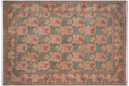 handmade Transitional William Mor Green Brown Hand Knotted RECTANGLE 100% WOOL area rug 10x14