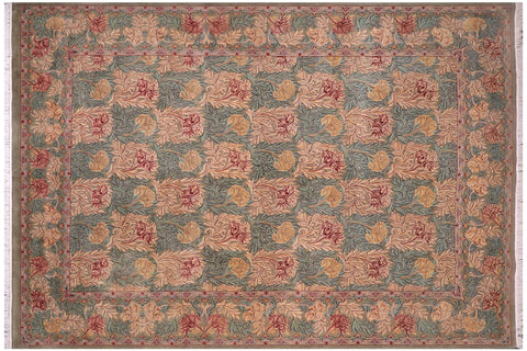 handmade Transitional William Mor Green Brown Hand Knotted RECTANGLE 100% WOOL area rug 10x14