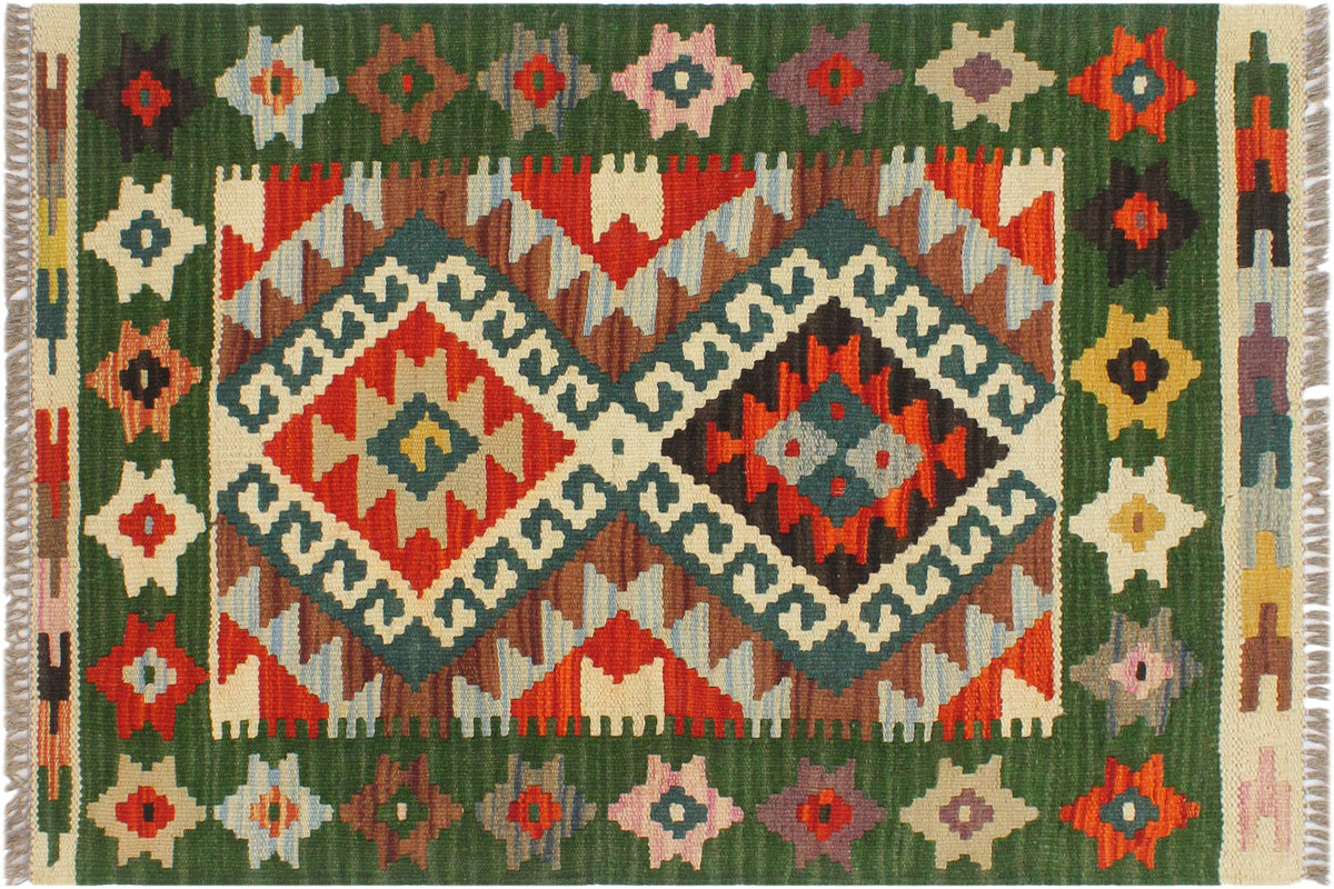 2x3 hand woven Turkish Kilim wool rug in rust and green - Southwestern Turkish Hiedi