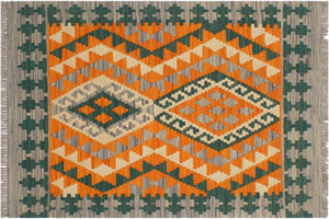 2x3 hand woven Turkish Kilim wool rug in orange and purple - Rustic Turkish Elfriede