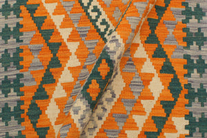handmade Geometric Kilim Orange Purple Hand-Woven RECTANGLE 100% WOOL area rug 2' x 3'