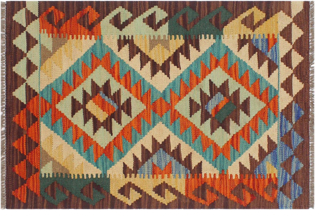 2x3 hand woven Turkish Kilim wool rug in rust and brown - Chic Turkish Tenesha