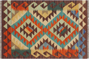 2x3 hand woven Turkish Kilim wool rug in rust and brown - Chic Turkish Tenesha