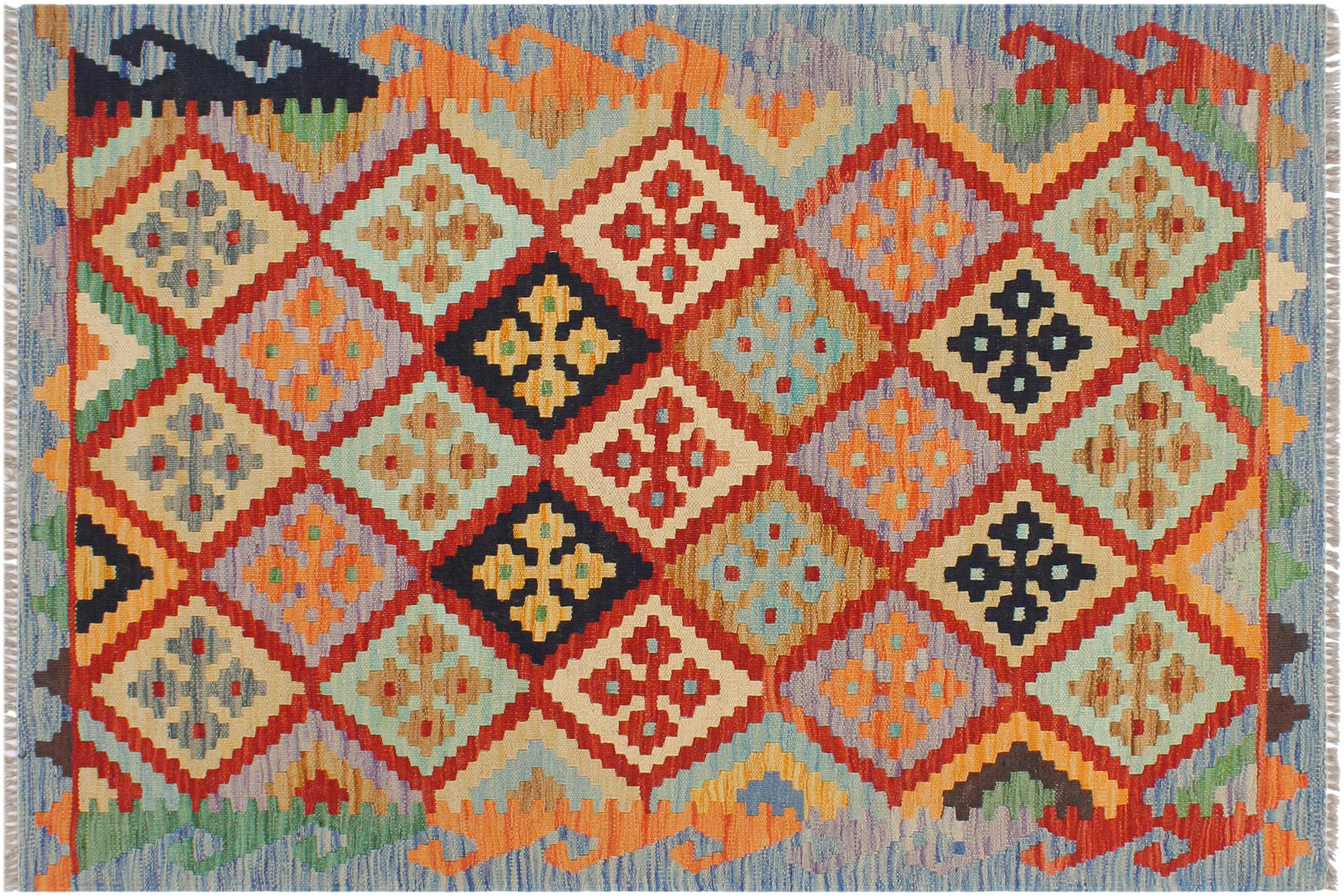 handmade Geometric Kilim Rust Blue Hand-Woven RECTANGLE 100% WOOL area rug 3 x 4
