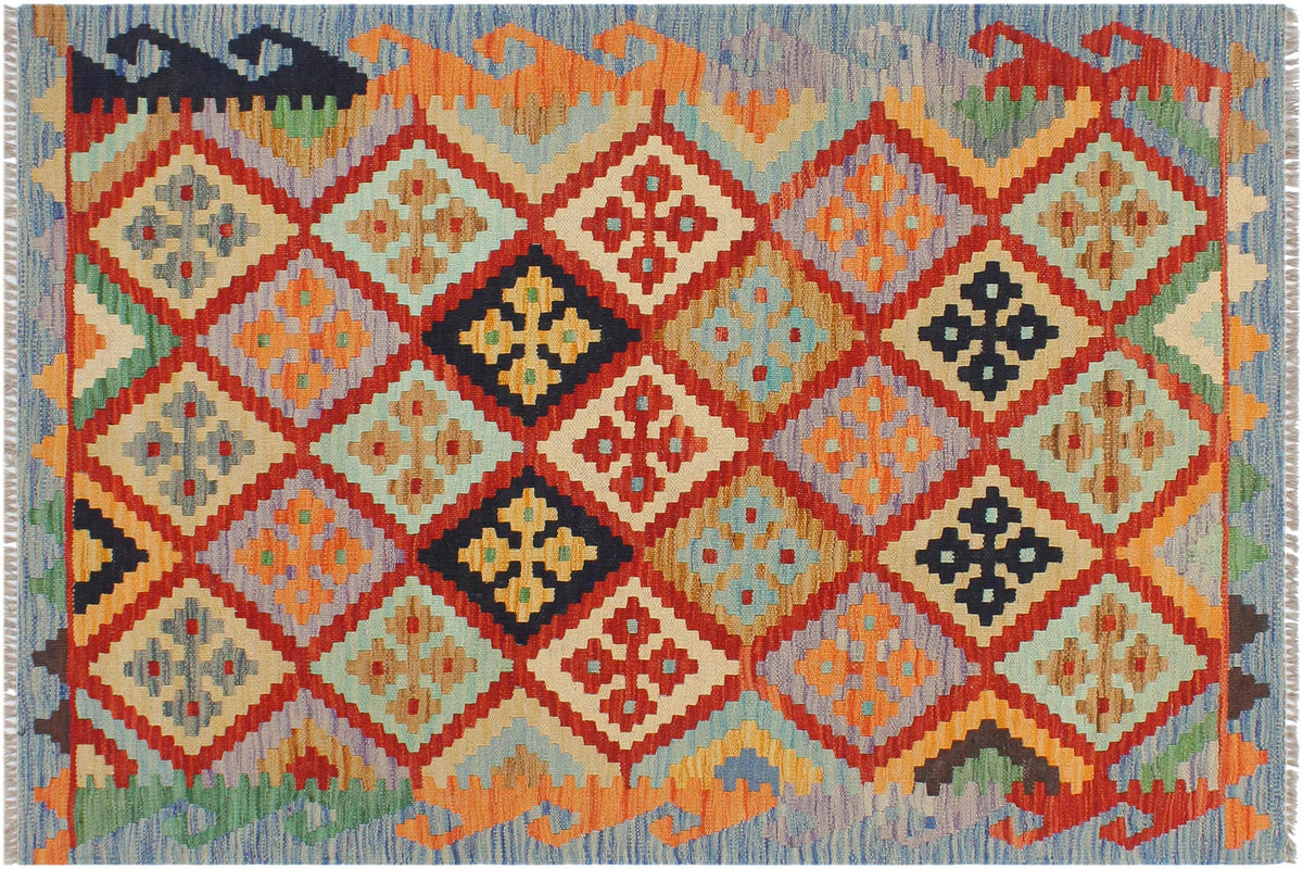 3x4 hand woven Turkish Kilim wool rug in rust and blue - Tribal Quincy Turkish