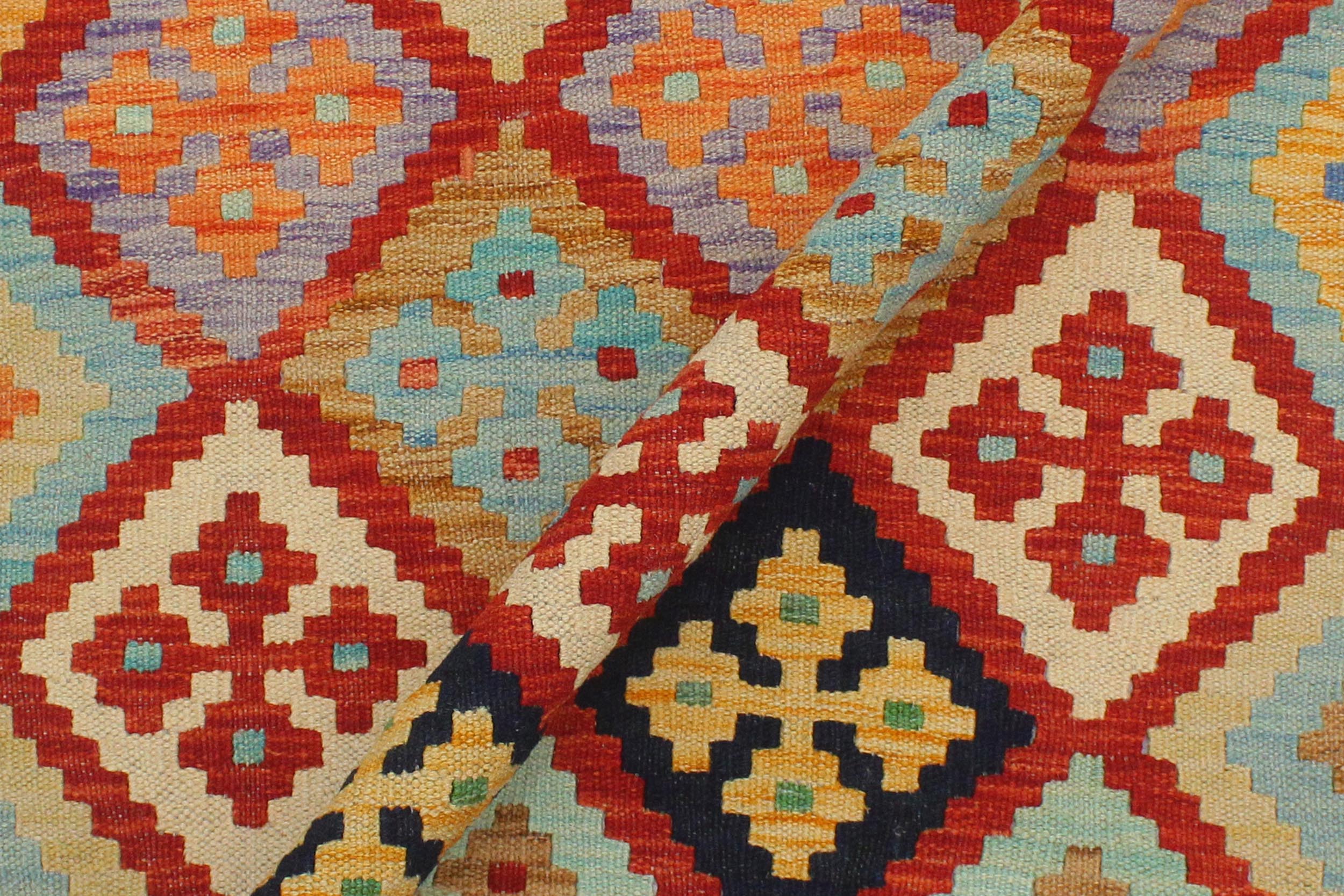 handmade Geometric Kilim Rust Blue Hand-Woven RECTANGLE 100% WOOL area rug 3 x 4