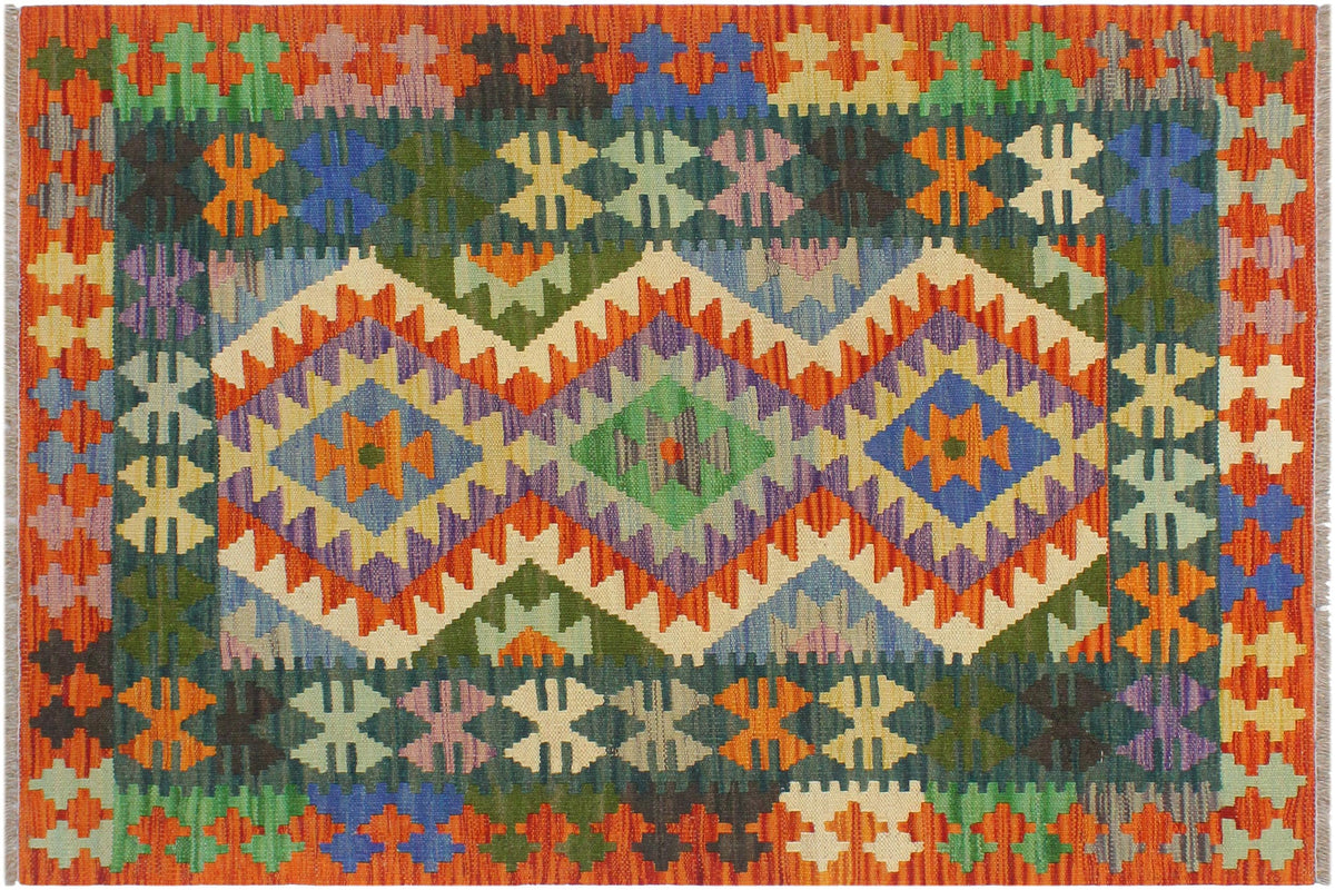 3x4 hand woven Turkish Kilim wool rug in blue and rust - Tribal Turkish Juliette