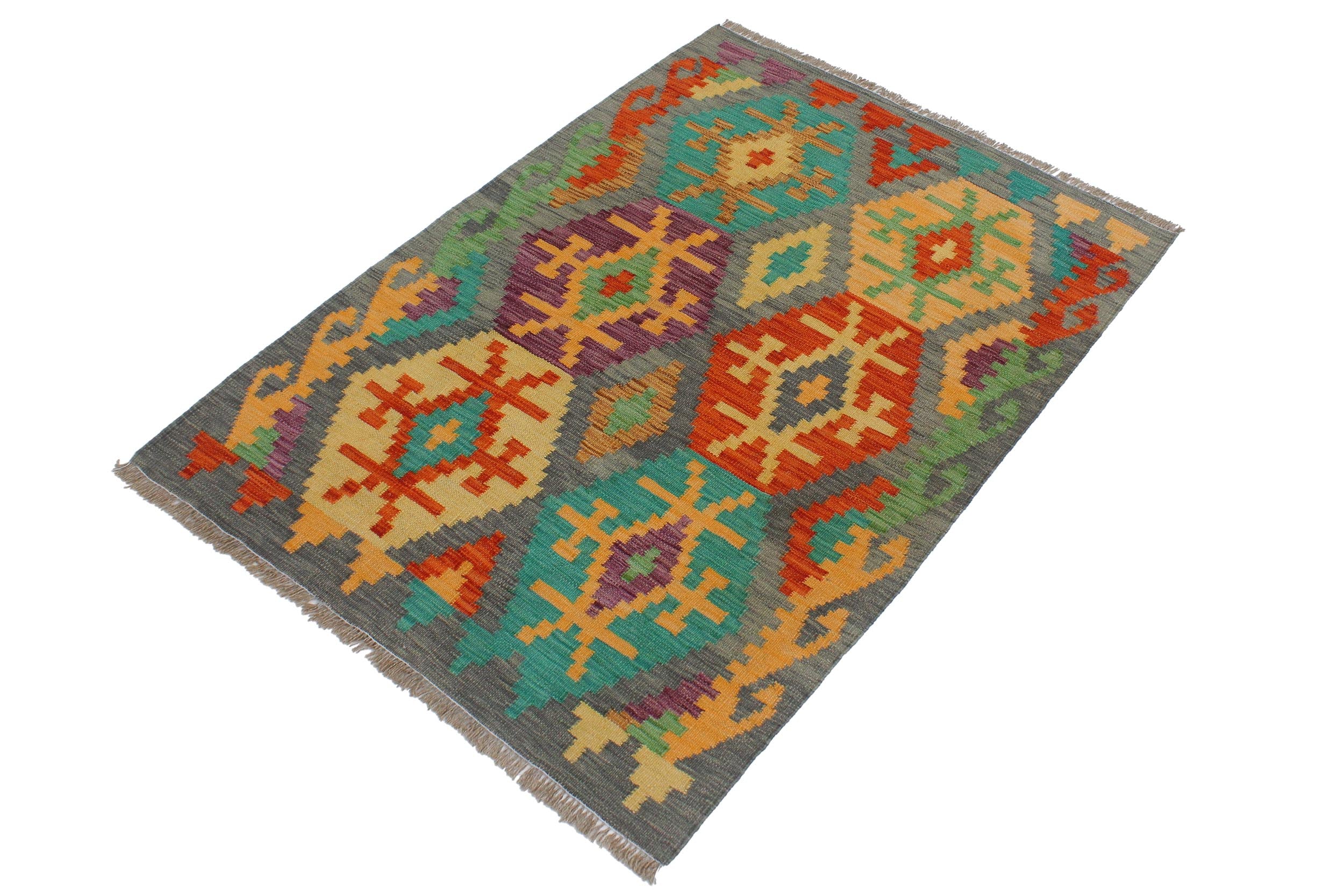 handmade Geometric Kilim Gray Rust Hand-Woven RECTANGLE 100% WOOL area rug 3 x 4