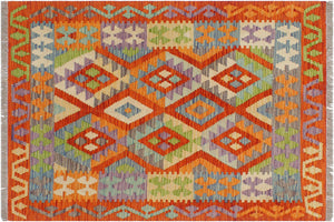 3x4 hand woven Turkish Kilim wool rug in rust and blue - Rustic Cortney Turkish