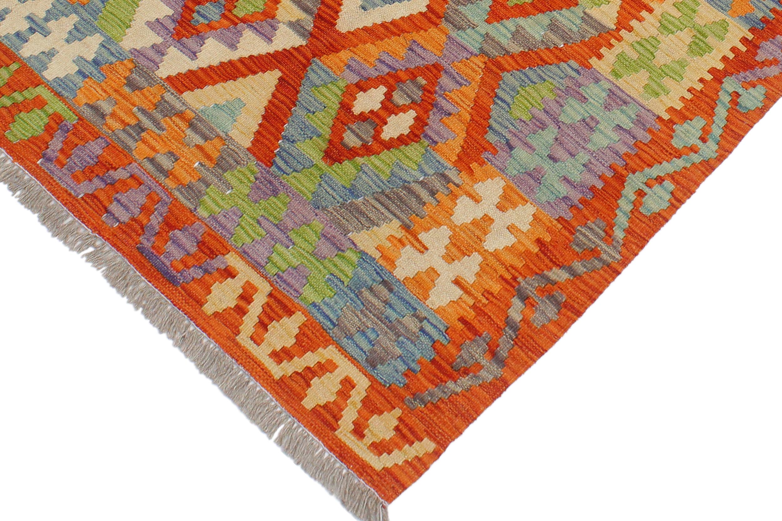 handmade Geometric Kilim Rust Blue Hand-Woven RECTANGLE 100% WOOL area rug 3 x 4