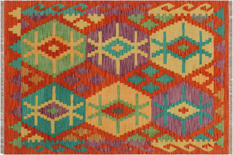 handmade Geometric Kilim Rust Gold Hand-Woven RECTANGLE 100% WOOL area rug 3 x 4