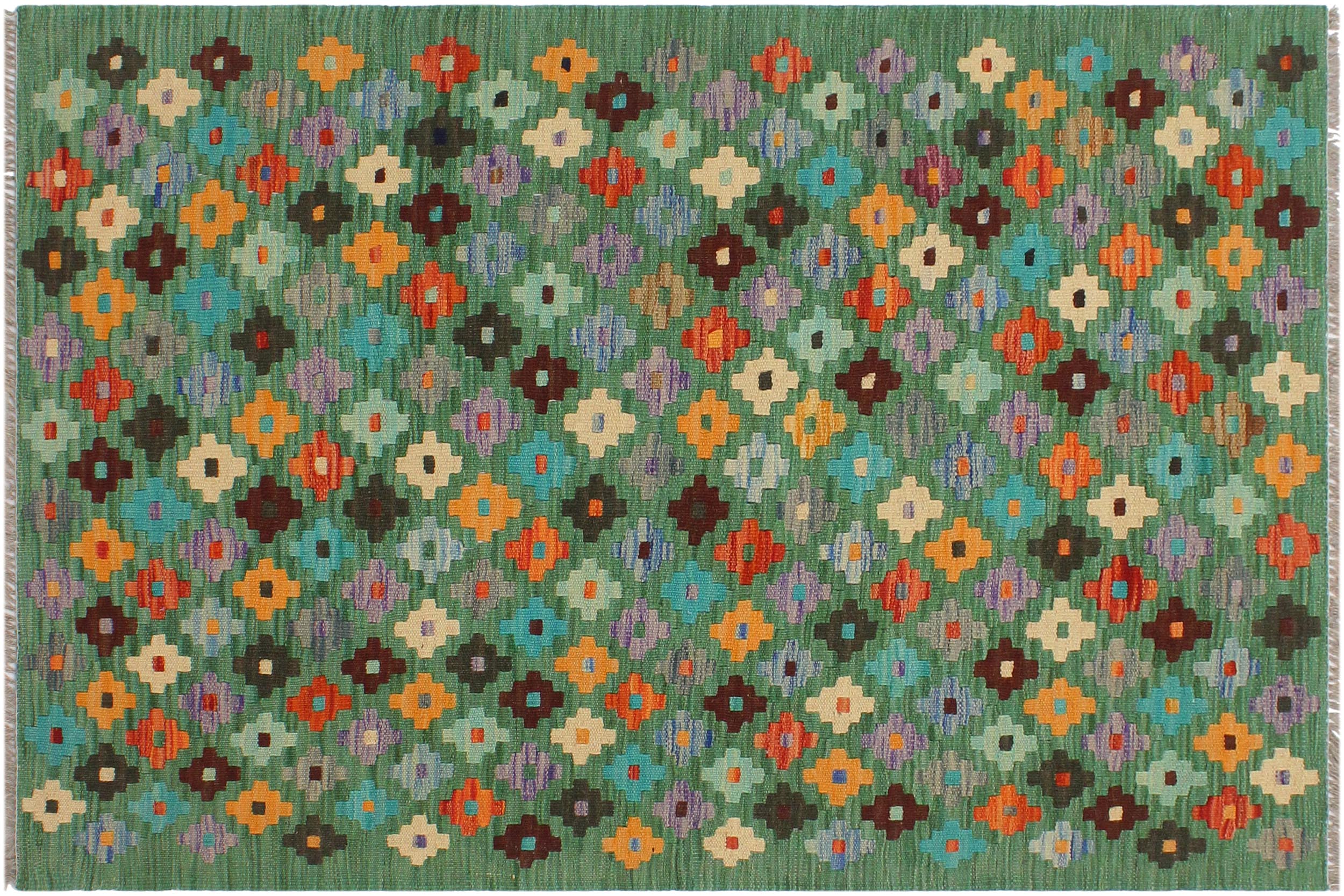 handmade Modern Kilim Green Blue Hand-Woven RECTANGLE 100% WOOL area rug 3x4