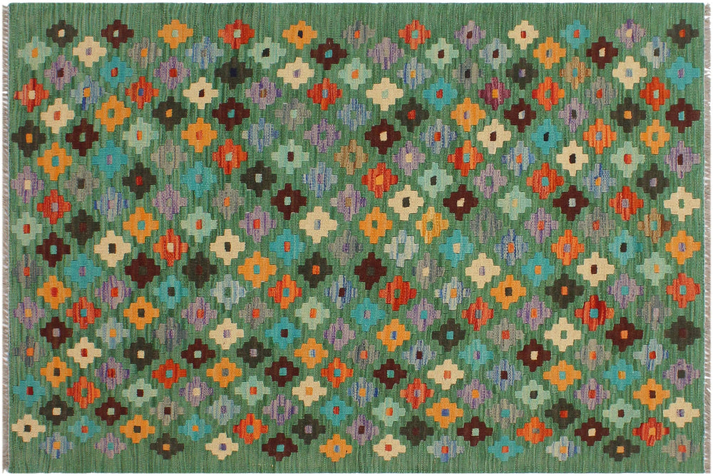 handmade Modern Kilim Green Blue Hand-Woven RECTANGLE 100% WOOL area rug 3x4