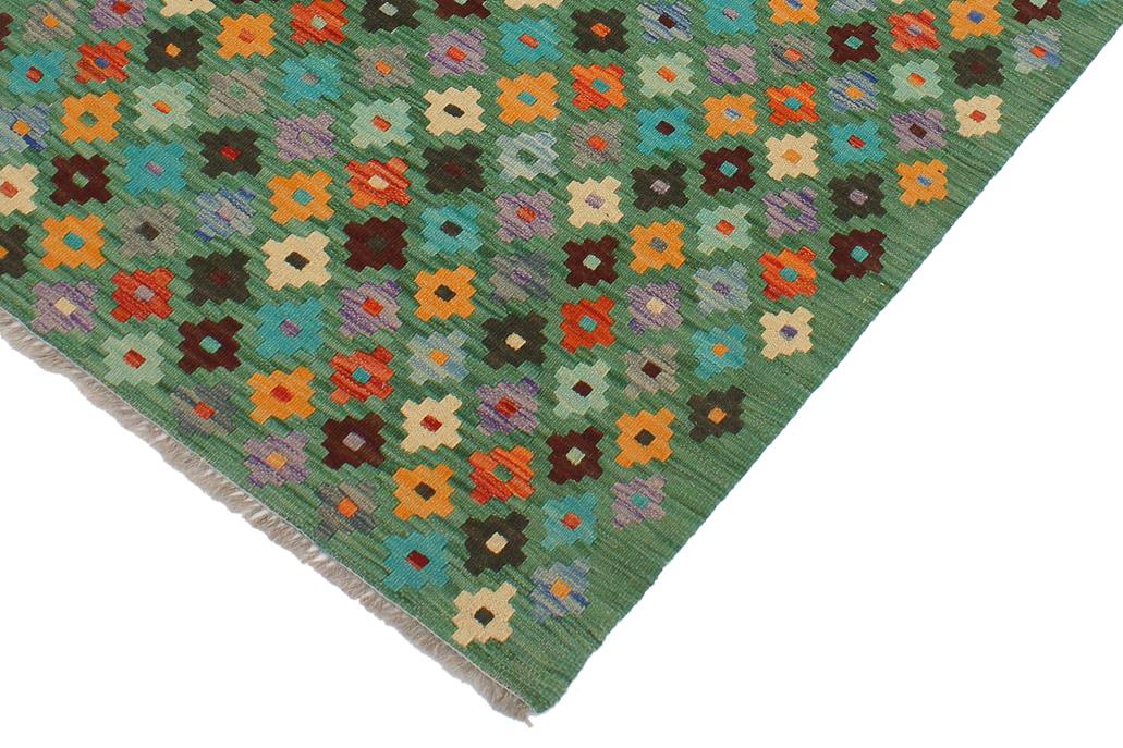 Flat Weave Kilim Antique Navaho Vintage handmade Modern Kilim Green Blue Hand-Woven Rectangle 100% Wool Area Rug 3x4 