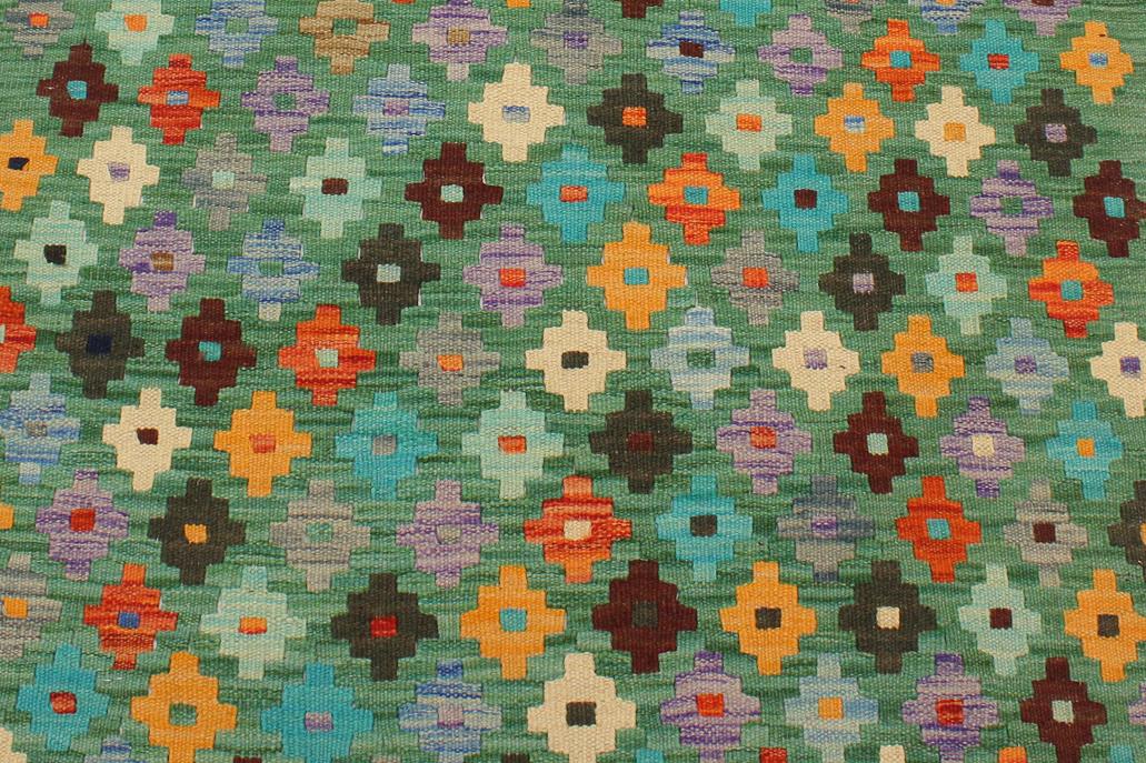 Flat Weave Kilim Antique Navaho Vintage handmade Modern Kilim Green Blue Hand-Woven Rectangle 100% Wool Area Rug 3x4 