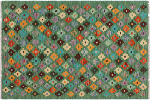handmade Modern Kilim Green Blue Hand-Woven RECTANGLE 100% WOOL area rug 3x4