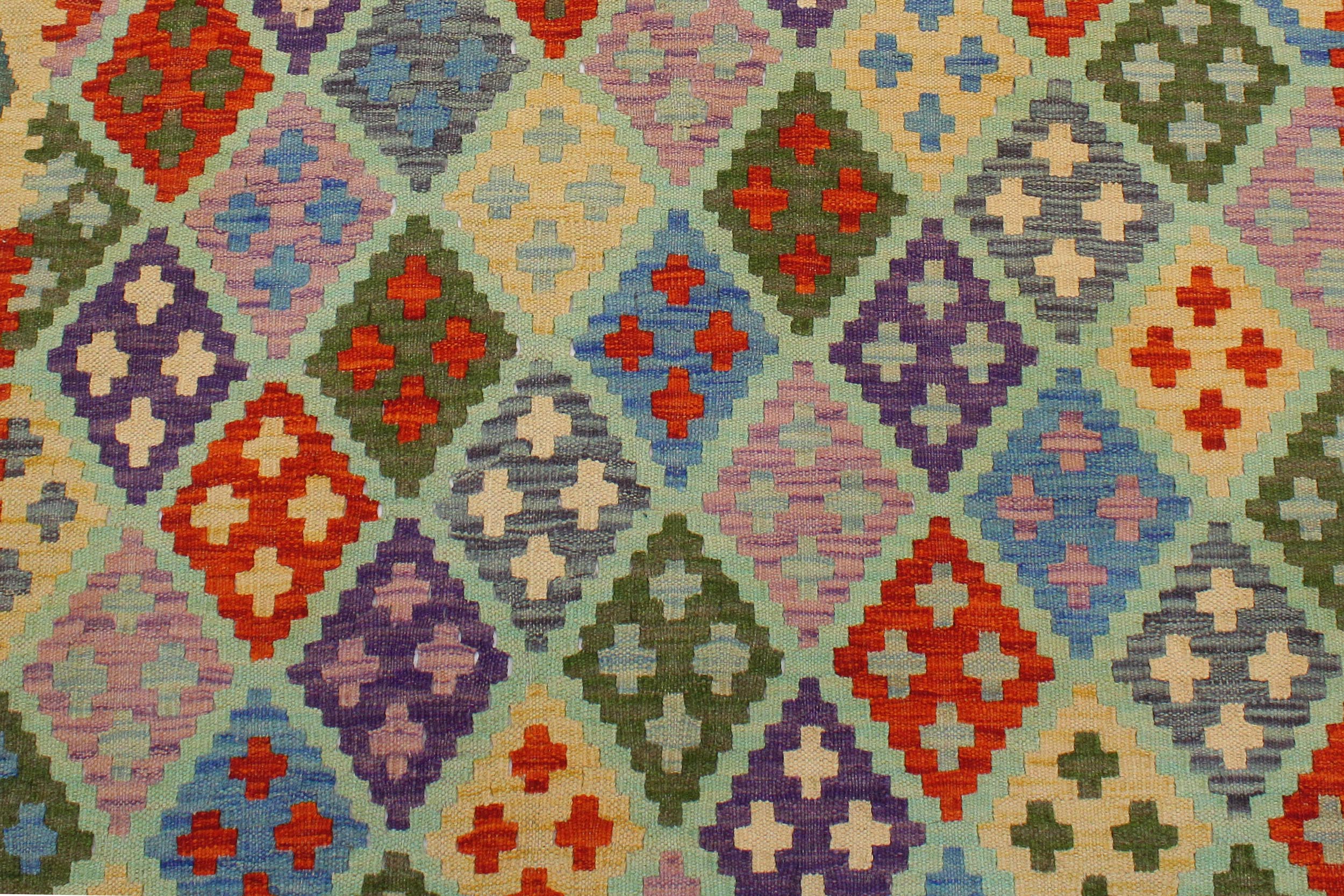 handmade Geometric Kilim Blue Green Hand-Woven RECTANGLE 100% WOOL area rug 3 x 5