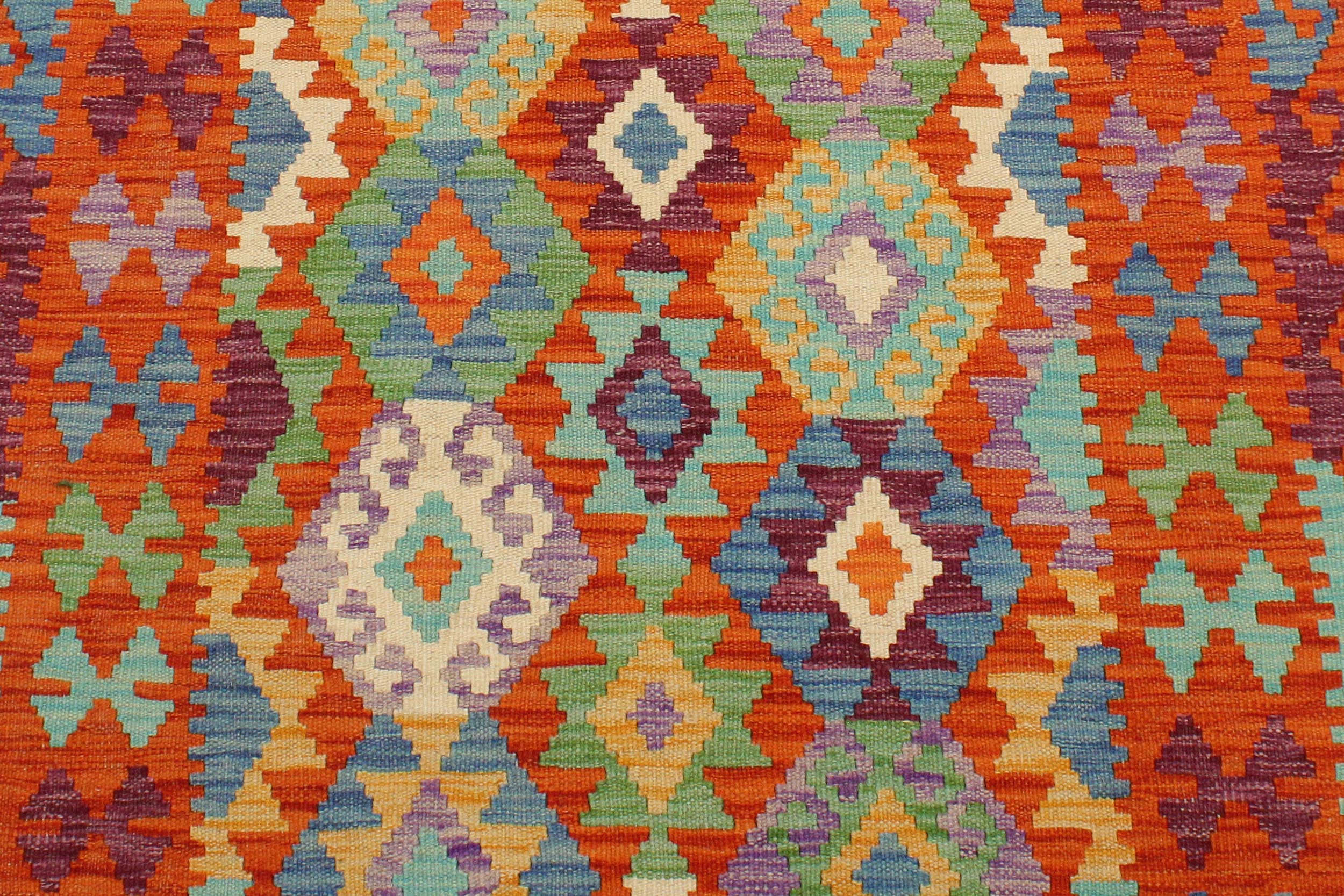 handmade Geometric Kilim Rust Blue Hand-Woven RECTANGLE 100% WOOL area rug 3 x 4
