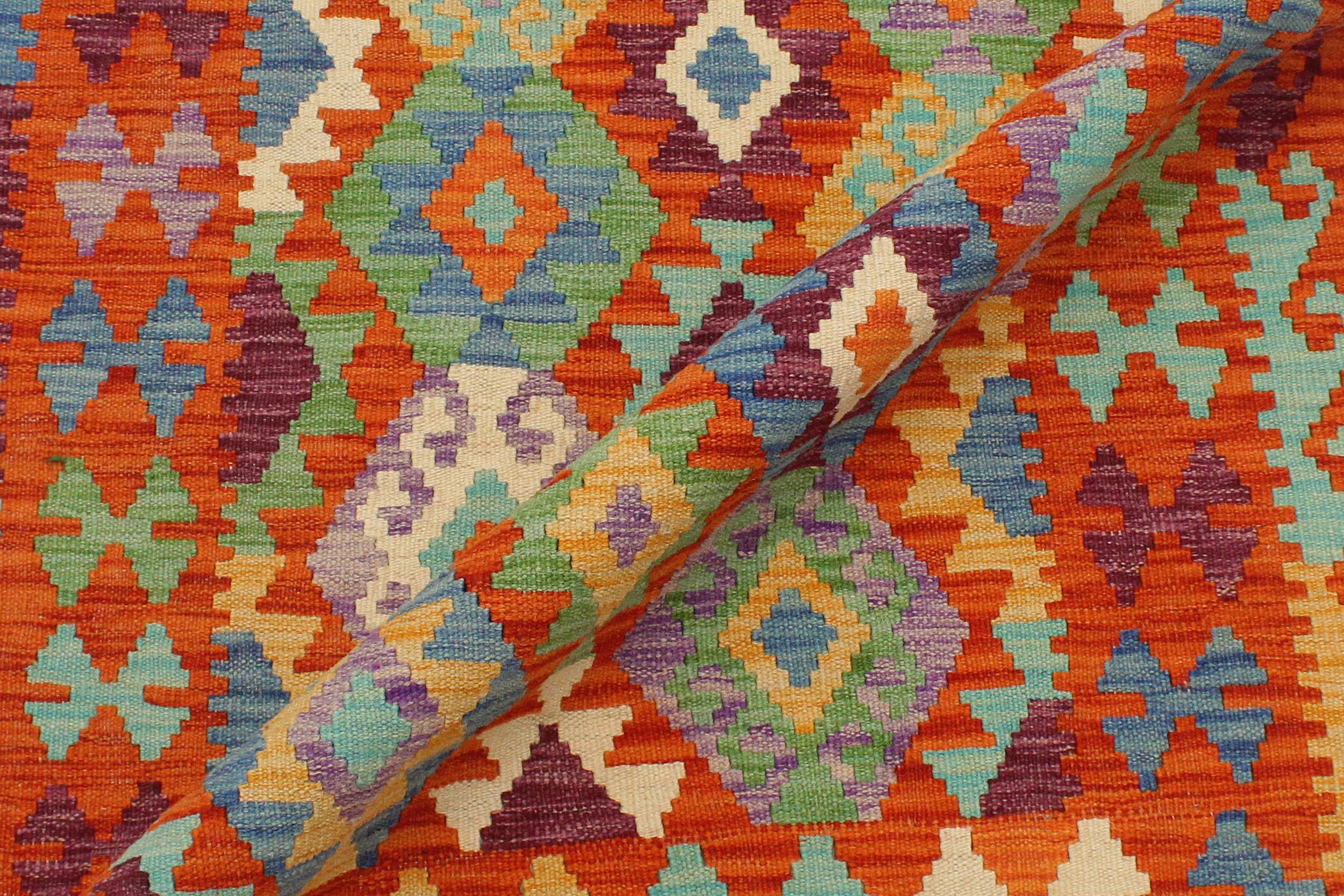 handmade Geometric Kilim Rust Blue Hand-Woven RECTANGLE 100% WOOL area rug 3 x 4