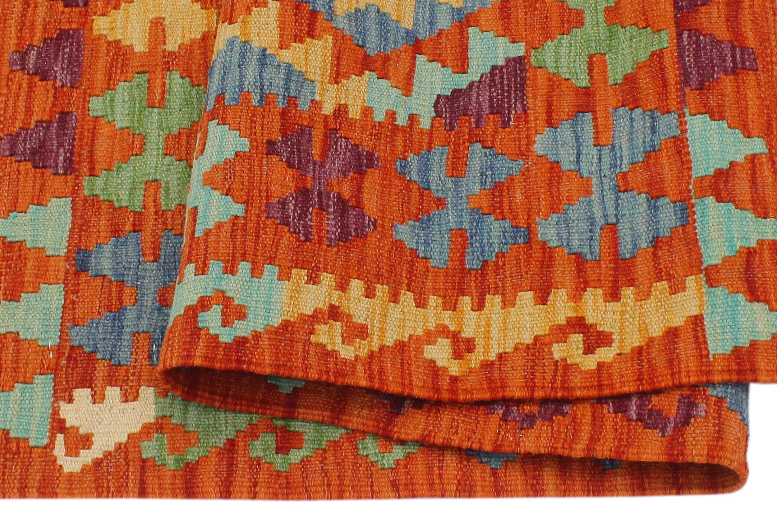 handmade Geometric Kilim Rust Blue Hand-Woven RECTANGLE 100% WOOL area rug 3 x 4