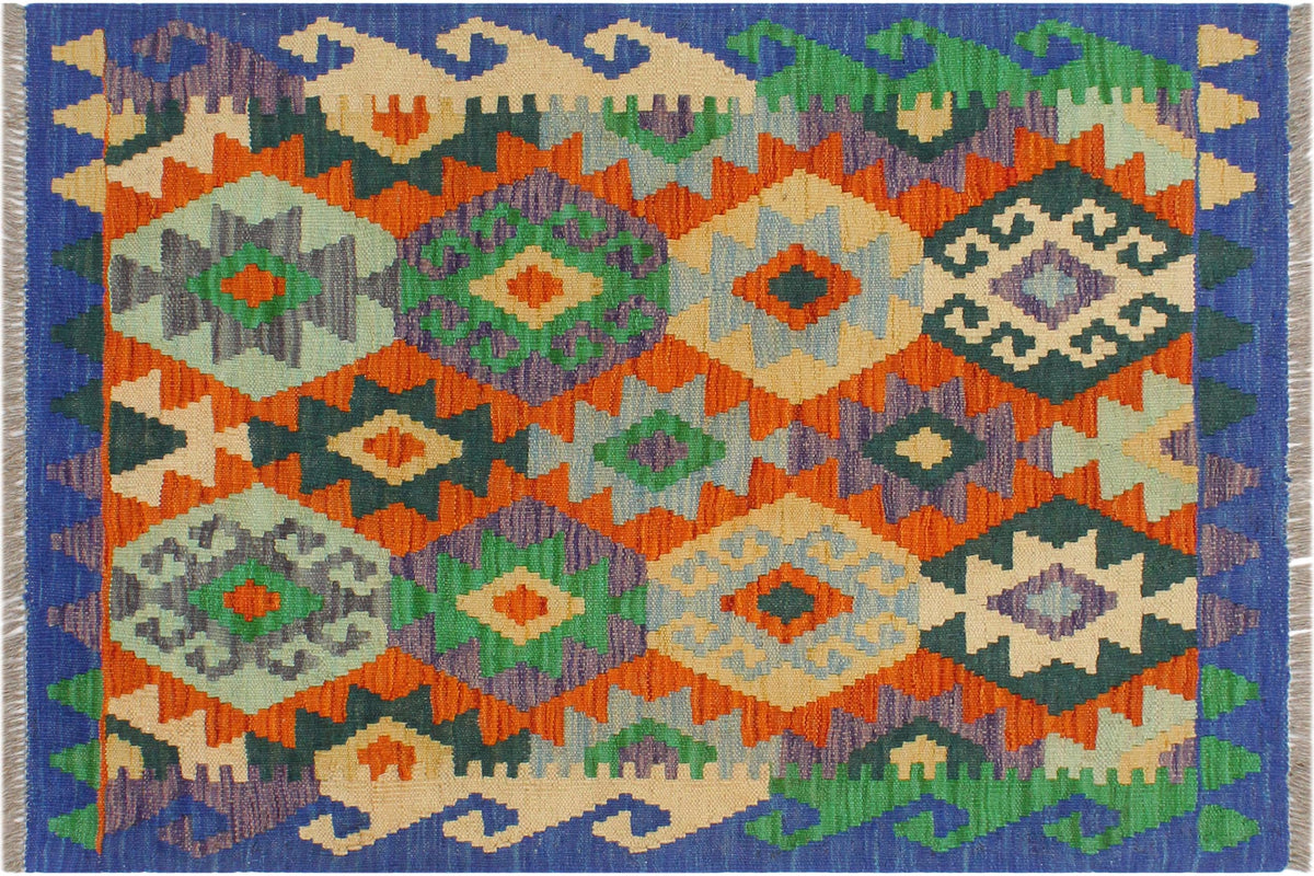 3x3 hand woven Turkish Kilim wool rug in rust and blue - Rustic Yang Turkish