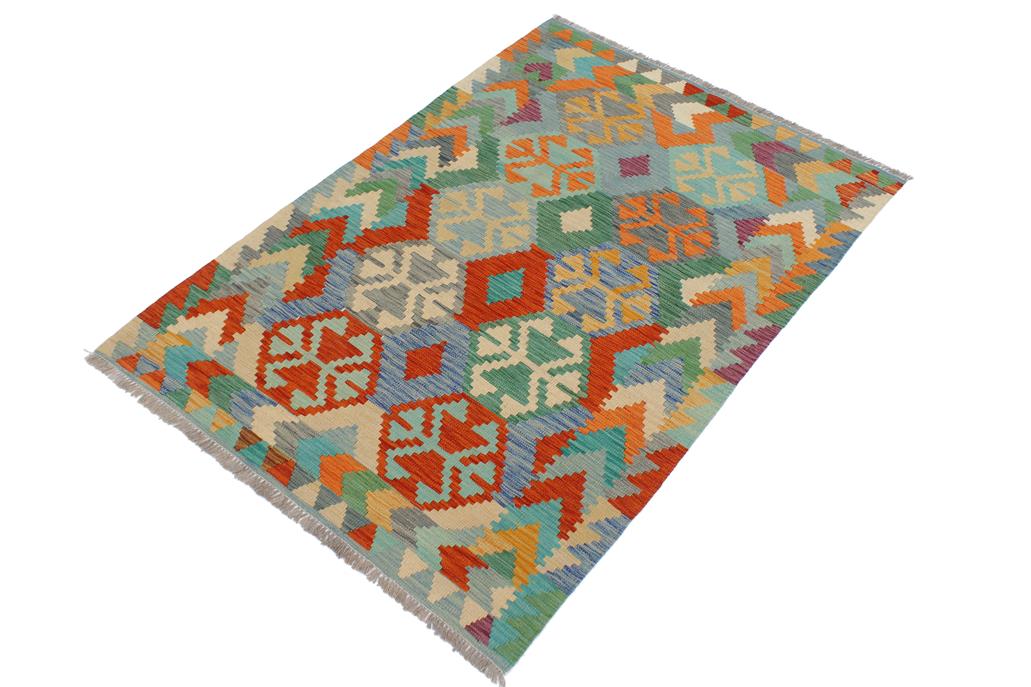 Flat Weave Kilim Antique Navaho Vintage handmade Geometric Kilim Rust Blue Hand-Woven Rectangle 100% Wool Area Rug 4x5 