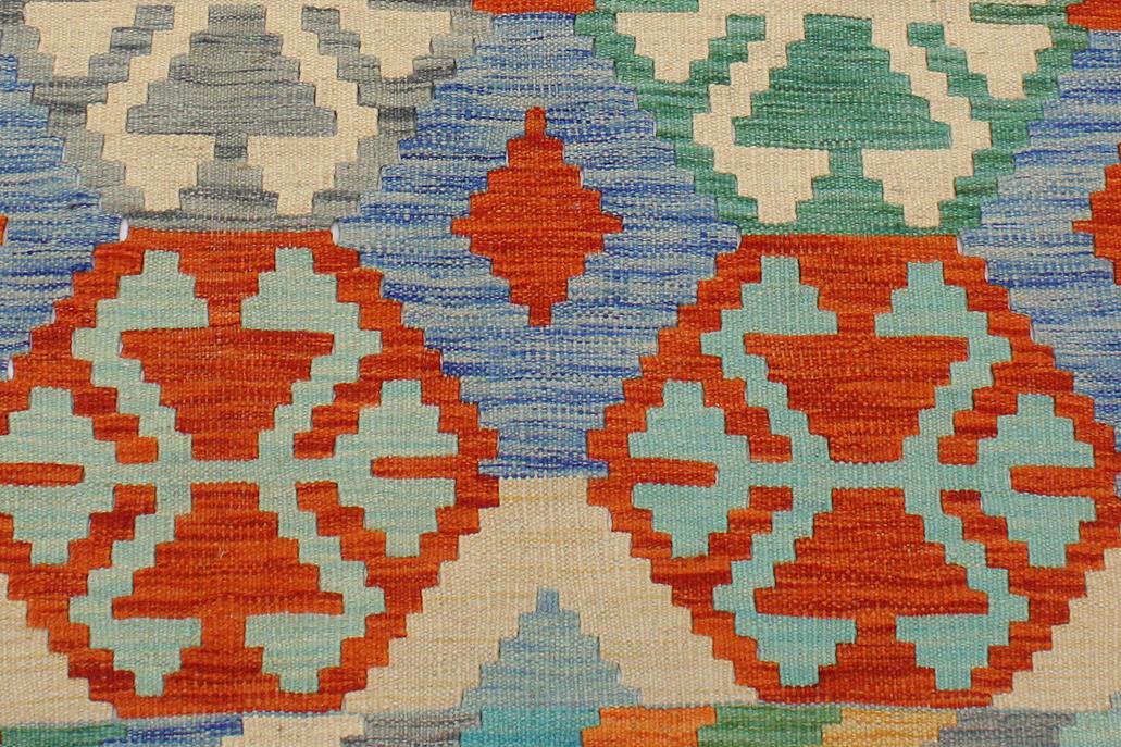 Flat Weave Kilim Antique Navaho Vintage handmade Geometric Kilim Rust Blue Hand-Woven Rectangle 100% Wool Area Rug 4x5 