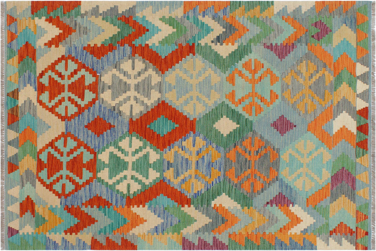 4x5 hand woven Turkish Kilim wool rug in rust and blue - Tribal Fannie Turkish